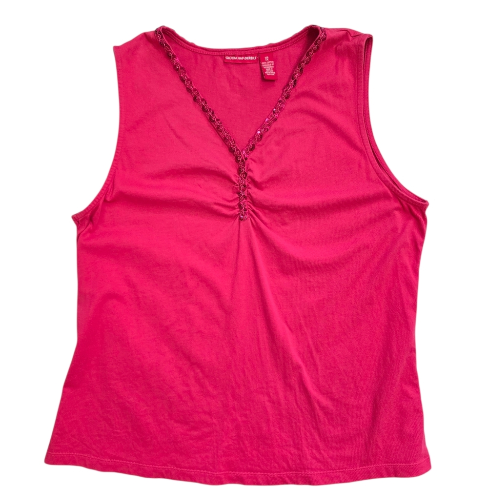 Gloria Vanderbilt Fuchsia Pink Cotton Sequins Detail SleevelessTank Top 1X
